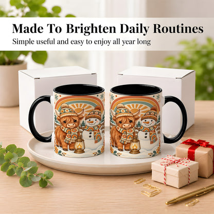 #pl[11oz|Black] Retro Cow Snowman Coffee Mug, Rainbow Winter Mug, Ceramic Cup
