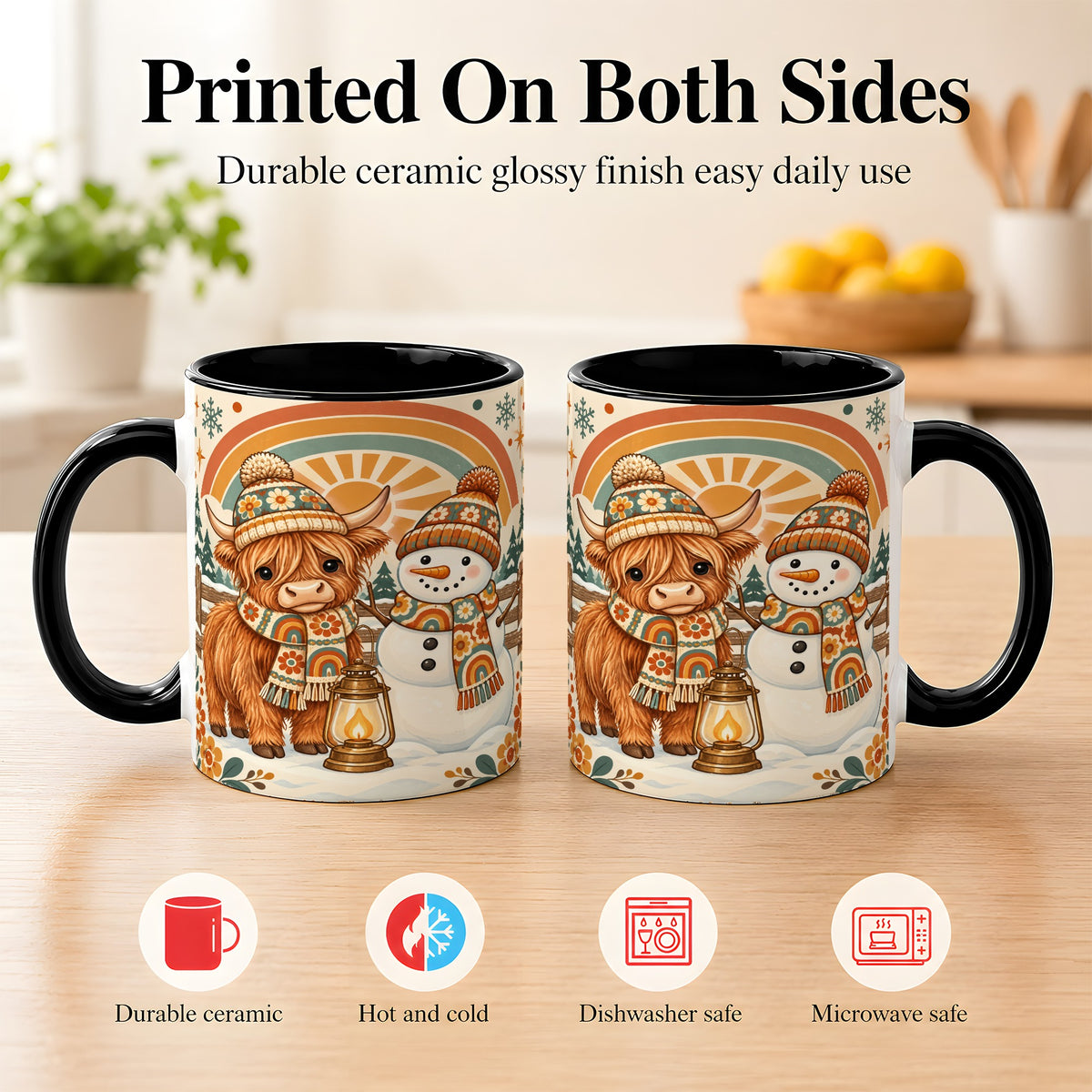 #pl[11oz|Black] Retro Cow Snowman Coffee Mug, Rainbow Winter Mug, Ceramic Cup