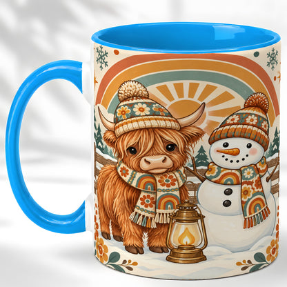 #pl[11oz|Blue] Retro Cow Snowman Coffee Mug, Rainbow Winter Mug, Ceramic Cup