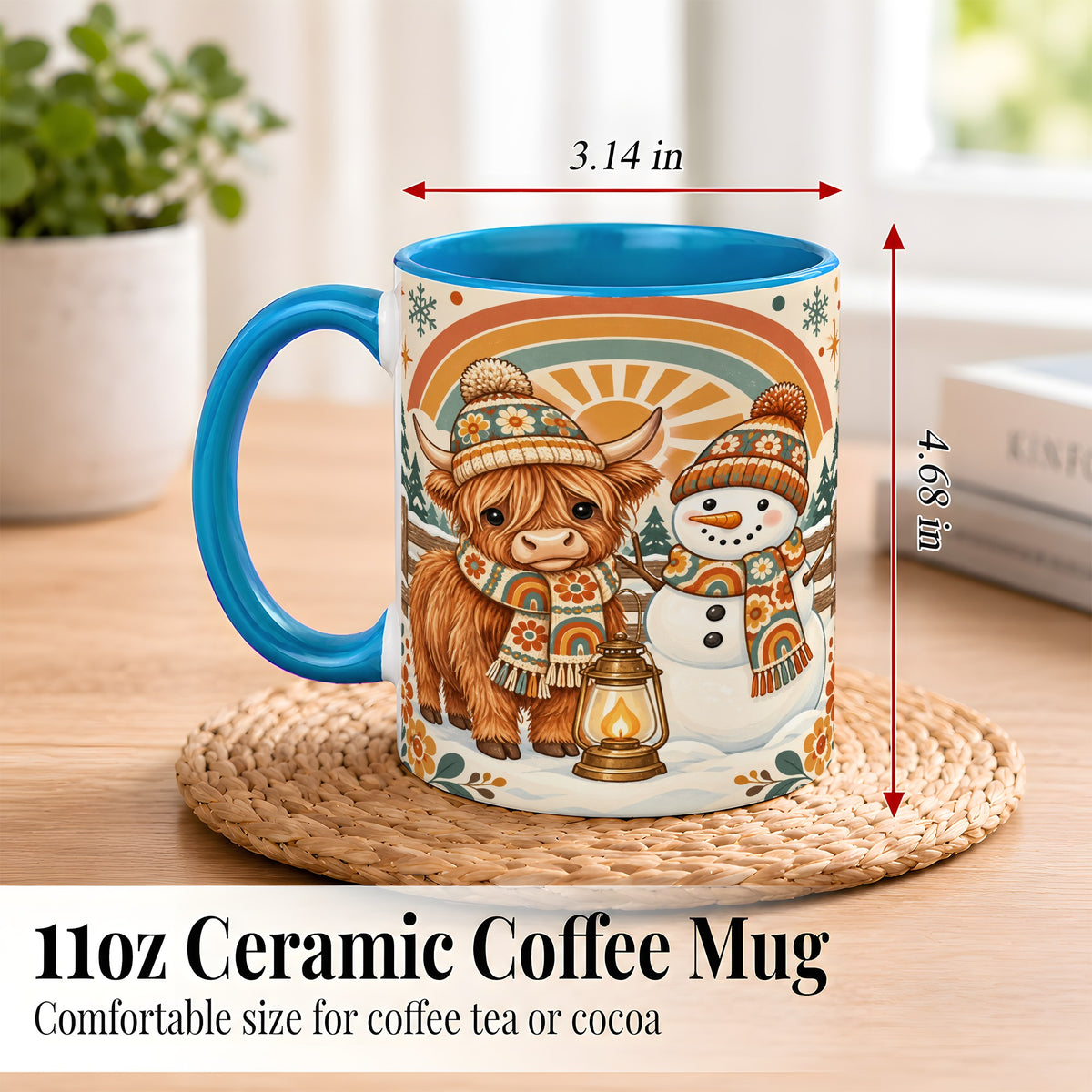 #pl[11oz|Blue] Retro Cow Snowman Coffee Mug, Rainbow Winter Mug, Ceramic Cup