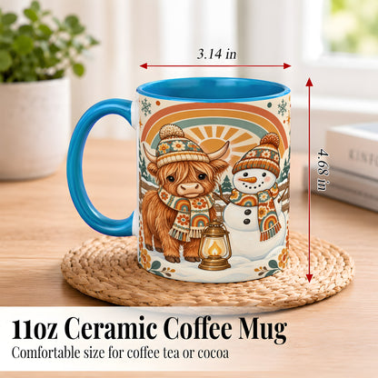 #pl[11oz|Blue] Retro Cow Snowman Coffee Mug, Rainbow Winter Mug, Ceramic Cup