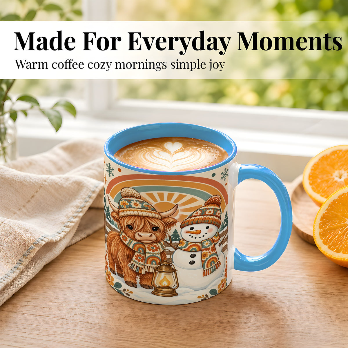 #pl[11oz|Blue] Retro Cow Snowman Coffee Mug, Rainbow Winter Mug, Ceramic Cup