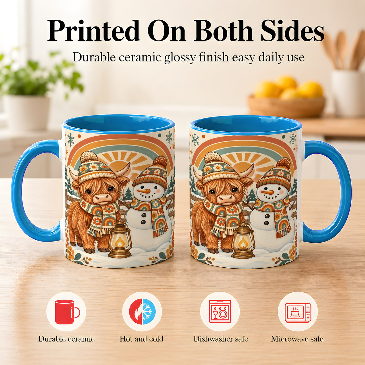 #pl[11oz|Blue] Retro Cow Snowman Coffee Mug, Rainbow Winter Mug, Ceramic Cup