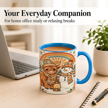 #pl[11oz|Blue] Retro Cow Snowman Coffee Mug, Rainbow Winter Mug, Ceramic Cup