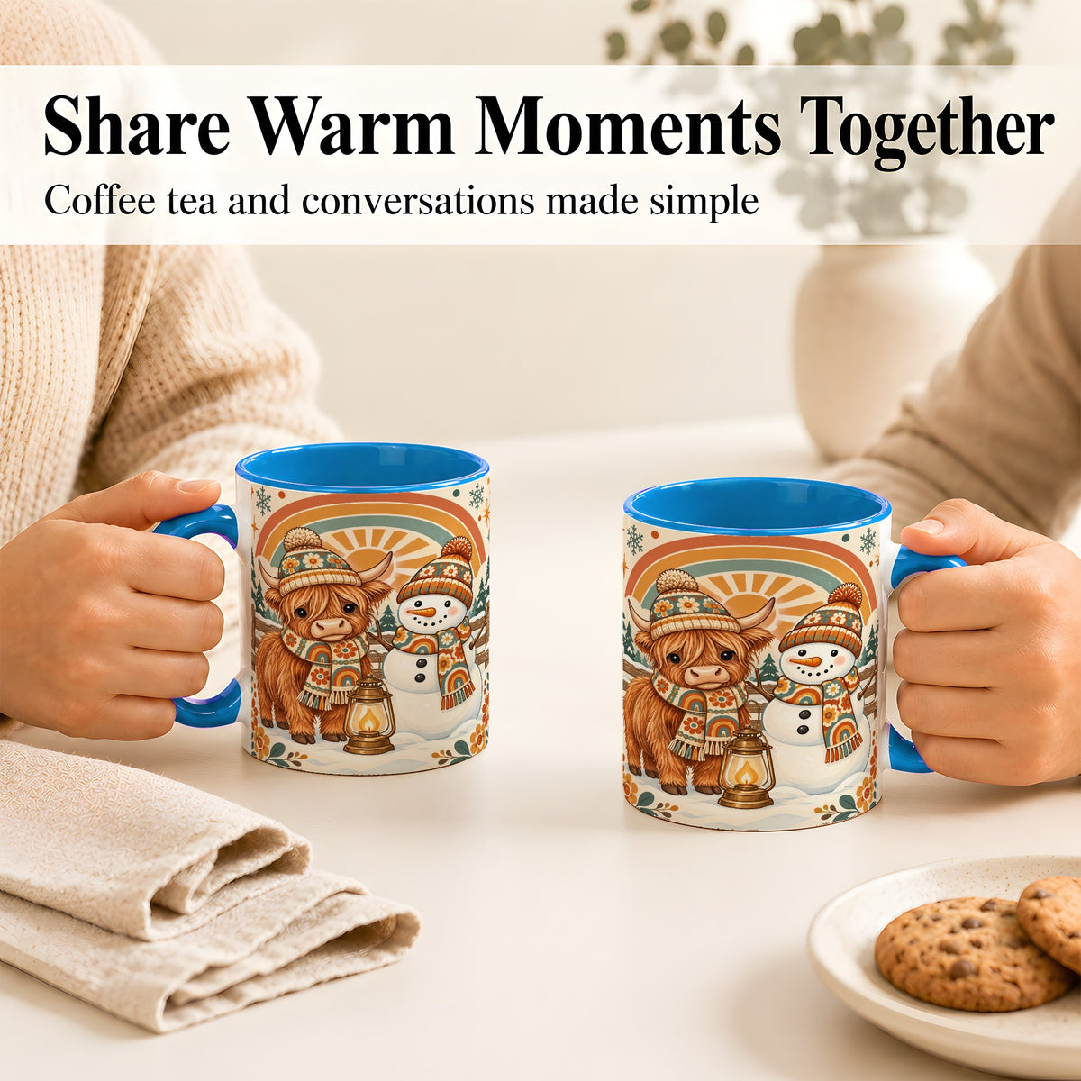 #pl[11oz|Blue] Retro Cow Snowman Coffee Mug, Rainbow Winter Mug, Ceramic Cup
