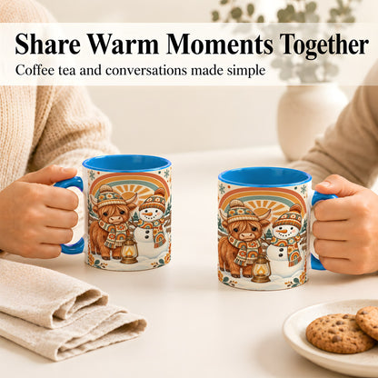 #pl[11oz|Blue] Retro Cow Snowman Coffee Mug, Rainbow Winter Mug, Ceramic Cup