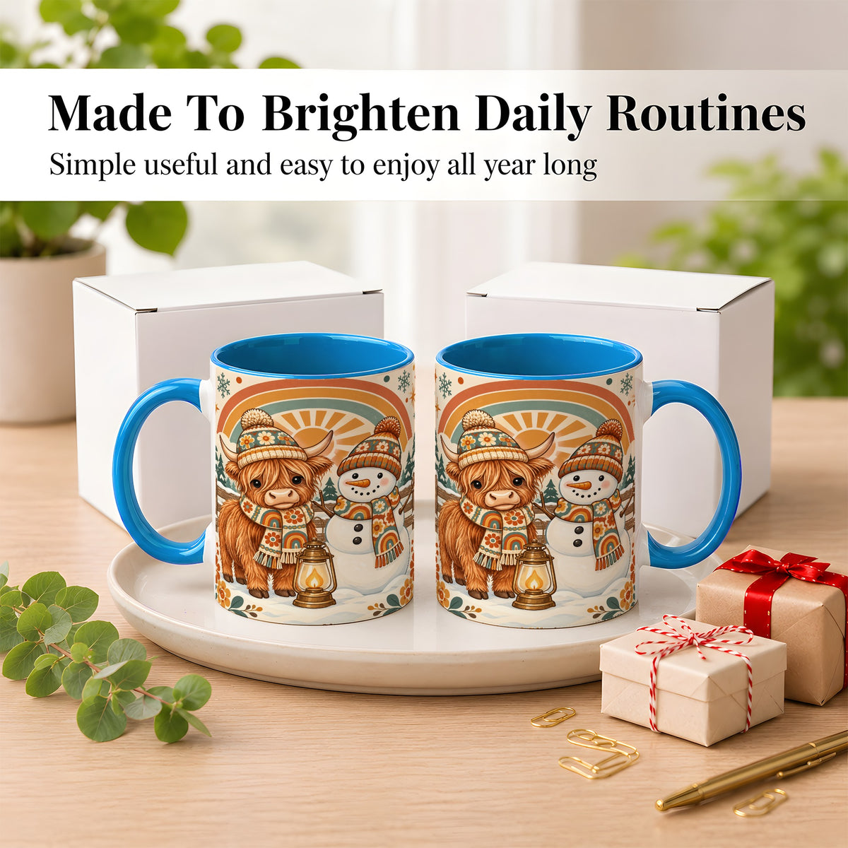 #pl[11oz|Blue] Retro Cow Snowman Coffee Mug, Rainbow Winter Mug, Ceramic Cup