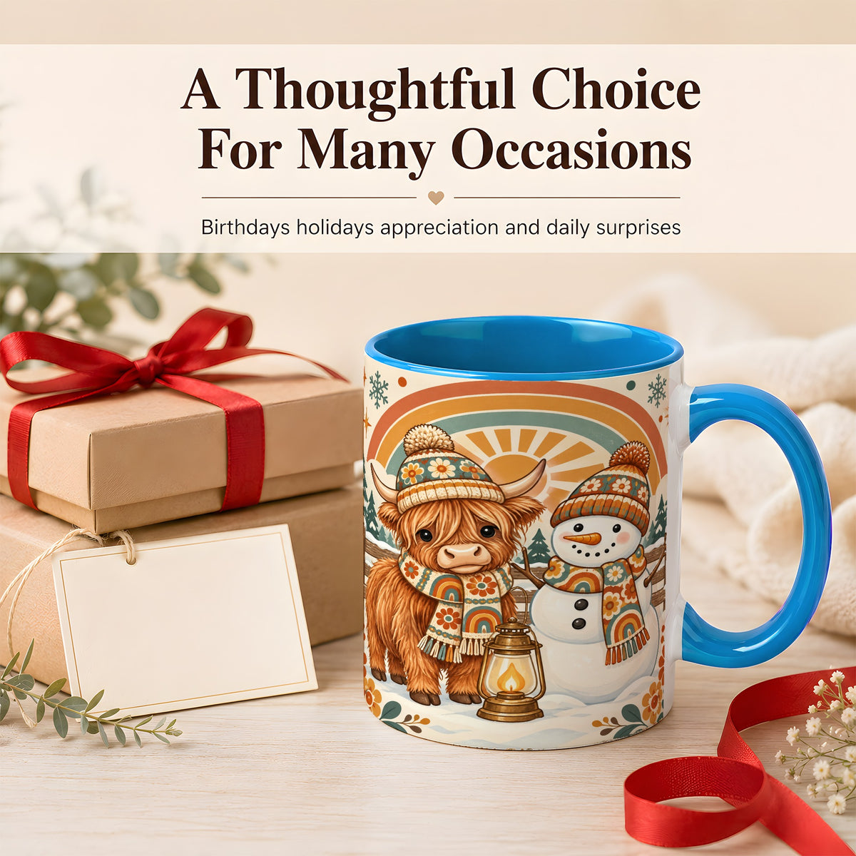 #pl[11oz|Blue] Retro Cow Snowman Coffee Mug, Rainbow Winter Mug, Ceramic Cup