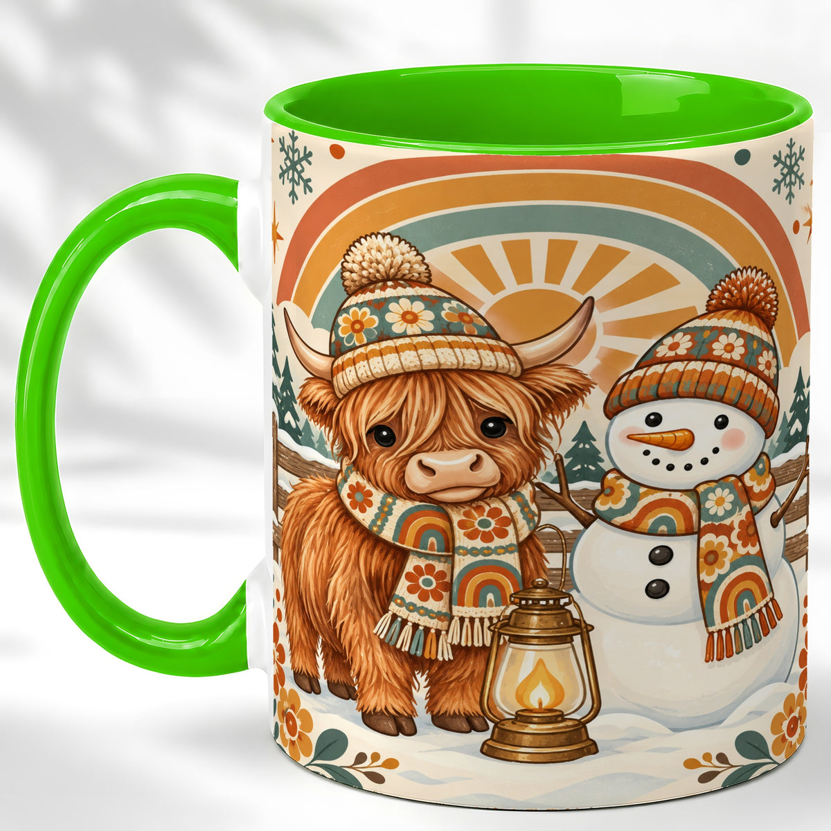 #pl[11oz|Green] Retro Cow Snowman Coffee Mug, Rainbow Winter Mug, Ceramic Cup