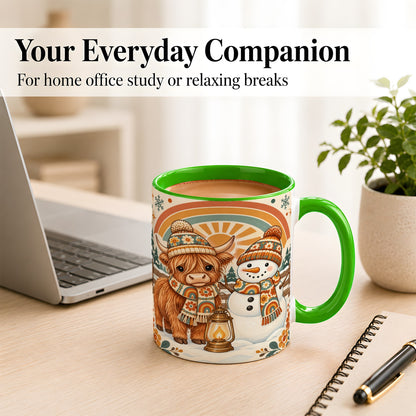 #pl[11oz|Green] Retro Cow Snowman Coffee Mug, Rainbow Winter Mug, Ceramic Cup