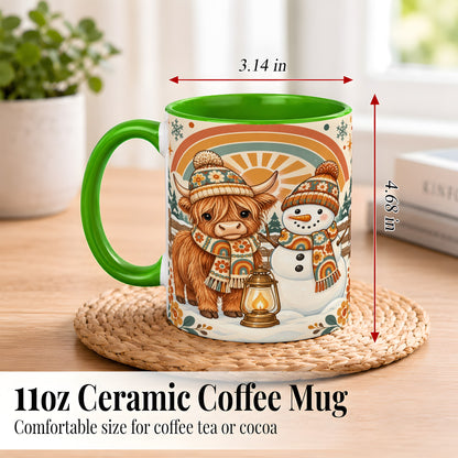 #pl[11oz|Green] Retro Cow Snowman Coffee Mug, Rainbow Winter Mug, Ceramic Cup