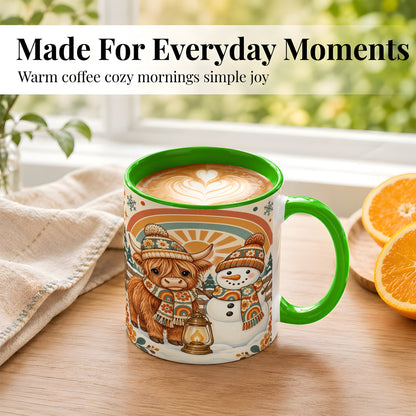 #pl[11oz|Green] Retro Cow Snowman Coffee Mug, Rainbow Winter Mug, Ceramic Cup