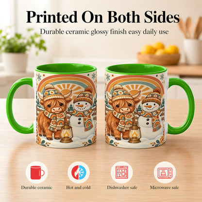 #pl[11oz|Green] Retro Cow Snowman Coffee Mug, Rainbow Winter Mug, Ceramic Cup
