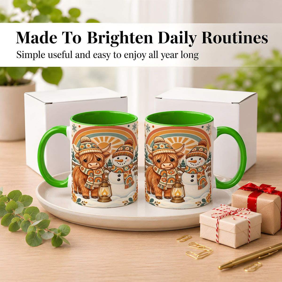#pl[11oz|Green] Retro Cow Snowman Coffee Mug, Rainbow Winter Mug, Ceramic Cup