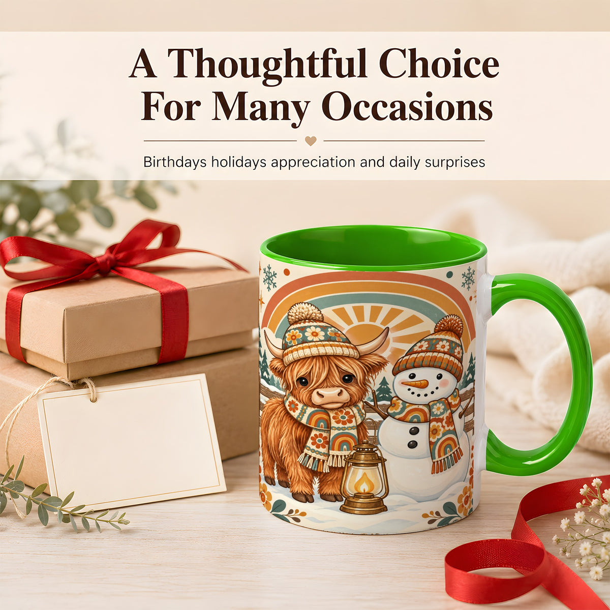 #pl[11oz|Green] Retro Cow Snowman Coffee Mug, Rainbow Winter Mug, Ceramic Cup