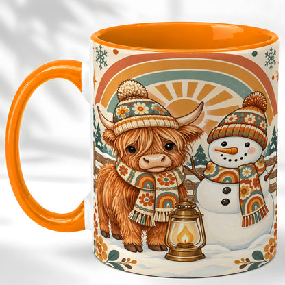 #pl[11oz|Orange] Retro Cow Snowman Coffee Mug, Rainbow Winter Mug, Ceramic Cup