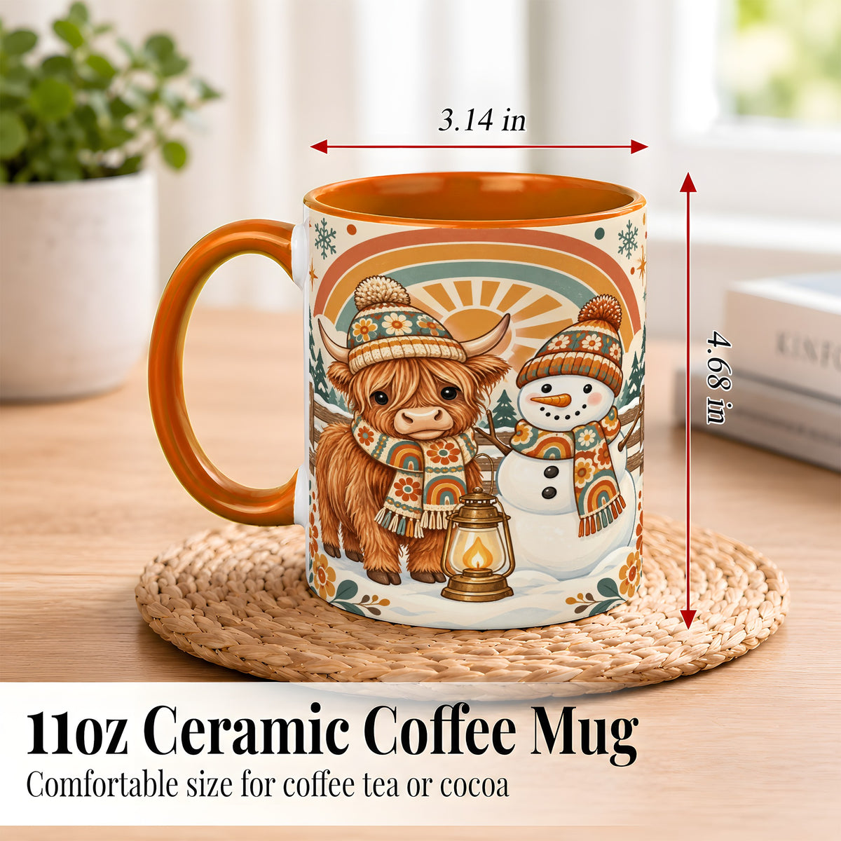 #pl[11oz|Orange] Retro Cow Snowman Coffee Mug, Rainbow Winter Mug, Ceramic Cup