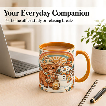 #pl[11oz|Orange] Retro Cow Snowman Coffee Mug, Rainbow Winter Mug, Ceramic Cup