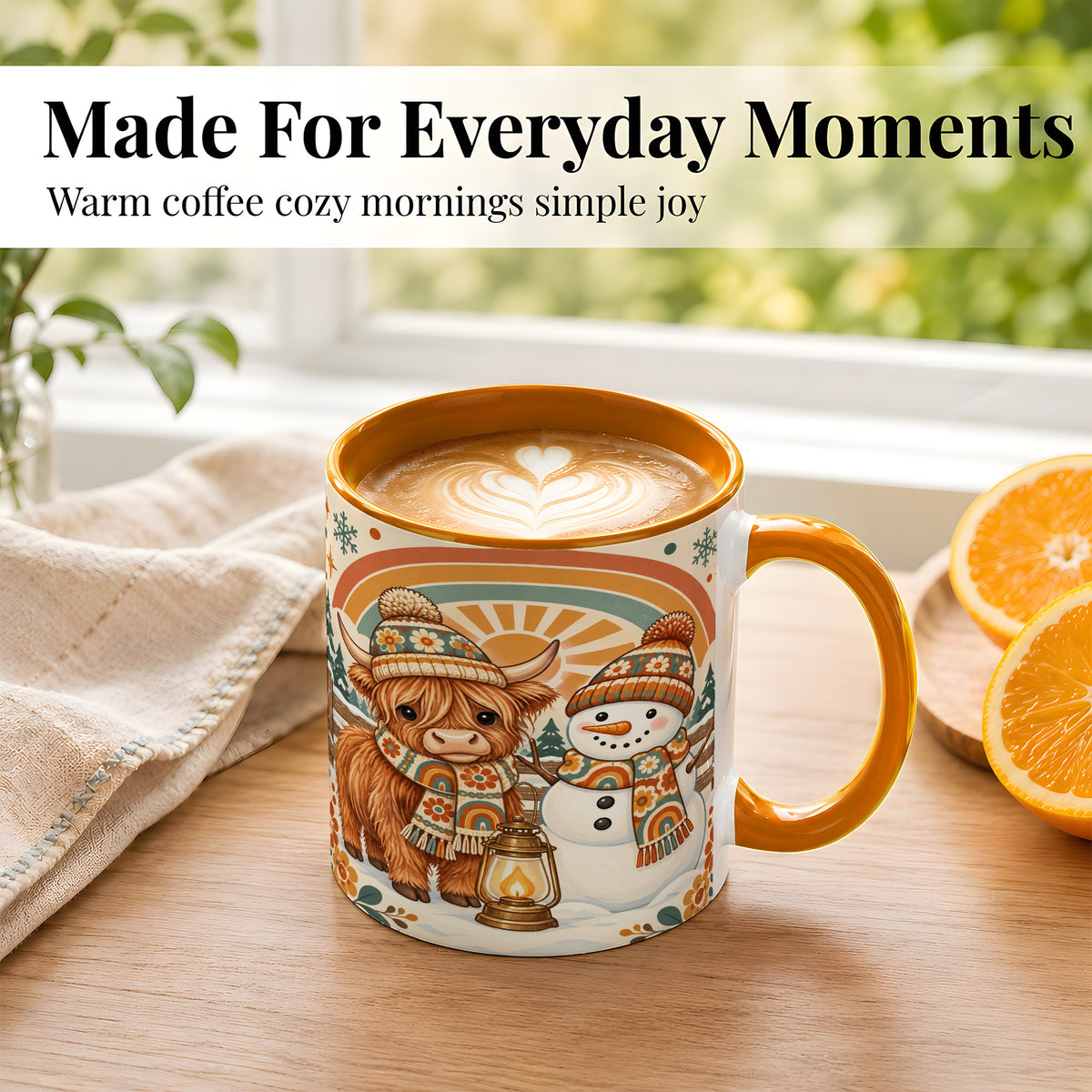 #pl[11oz|Orange] Retro Cow Snowman Coffee Mug, Rainbow Winter Mug, Ceramic Cup