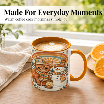 #pl[11oz|Orange] Retro Cow Snowman Coffee Mug, Rainbow Winter Mug, Ceramic Cup