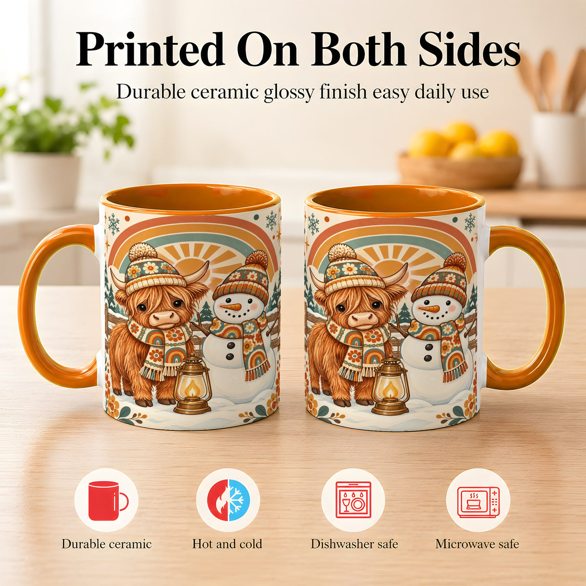 #pl[11oz|Orange] Retro Cow Snowman Coffee Mug, Rainbow Winter Mug, Ceramic Cup