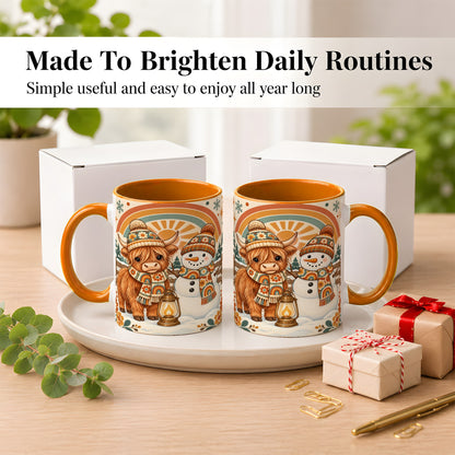 #pl[11oz|Orange] Retro Cow Snowman Coffee Mug, Rainbow Winter Mug, Ceramic Cup