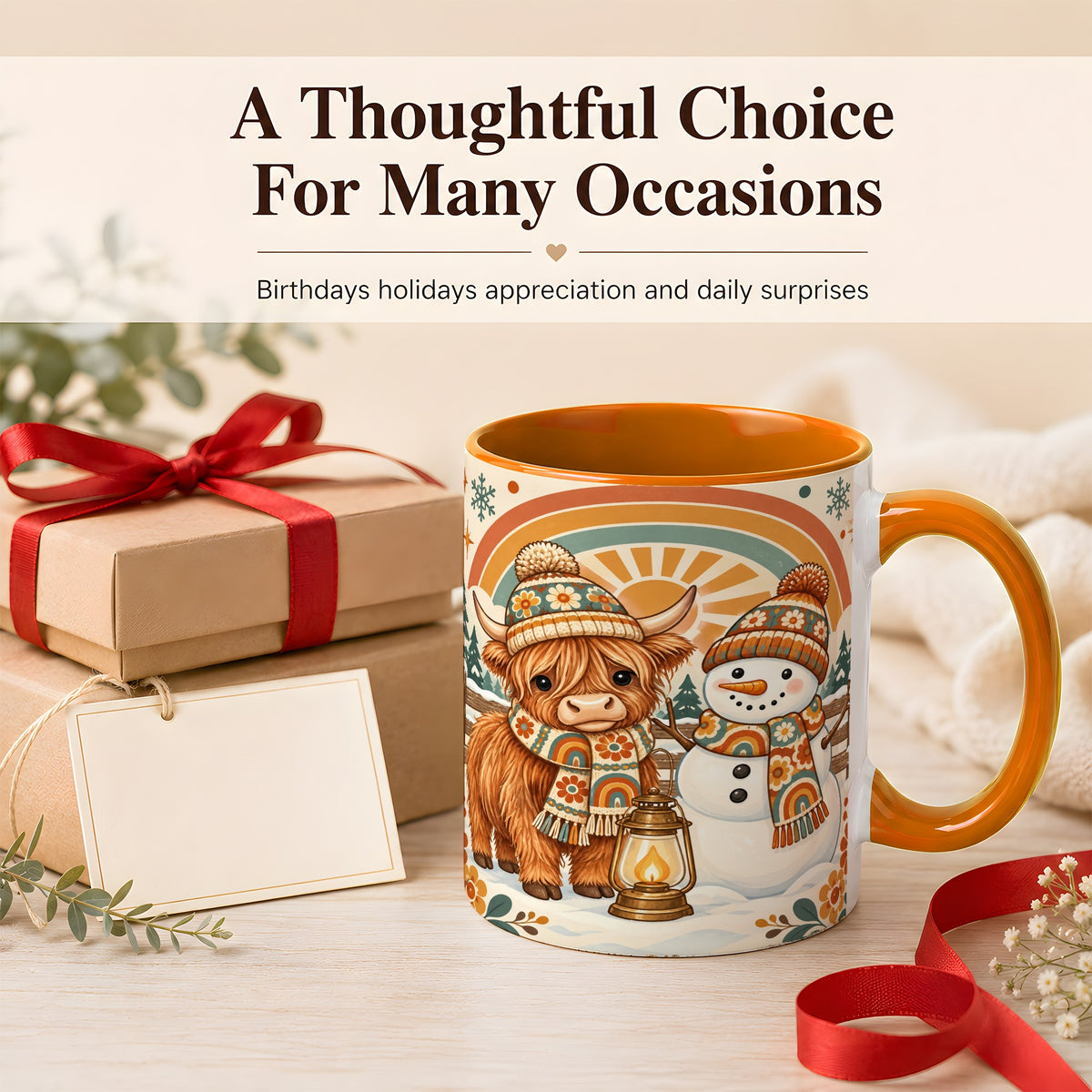 #pl[11oz|Orange] Retro Cow Snowman Coffee Mug, Rainbow Winter Mug, Ceramic Cup
