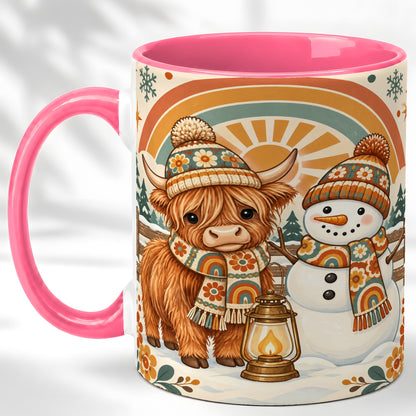 #pl[11oz|Pink] Retro Cow Snowman Coffee Mug, Rainbow Winter Mug, Ceramic Cup