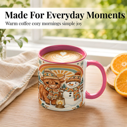 #pl[11oz|Pink] Retro Cow Snowman Coffee Mug, Rainbow Winter Mug, Ceramic Cup