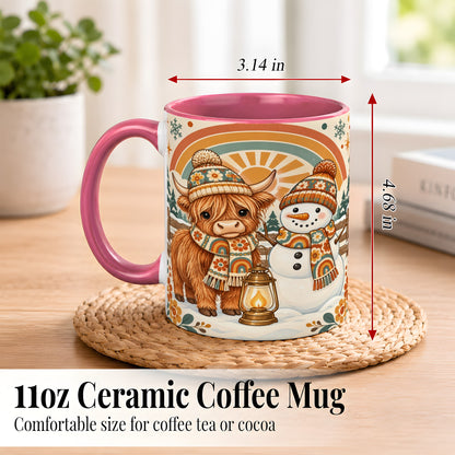 #pl[11oz|Pink] Retro Cow Snowman Coffee Mug, Rainbow Winter Mug, Ceramic Cup