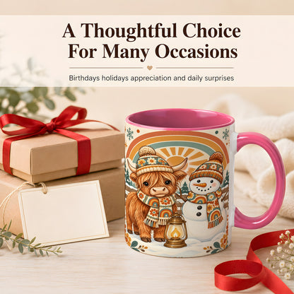 #pl[11oz|Pink] Retro Cow Snowman Coffee Mug, Rainbow Winter Mug, Ceramic Cup