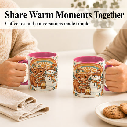 #pl[11oz|Pink] Retro Cow Snowman Coffee Mug, Rainbow Winter Mug, Ceramic Cup