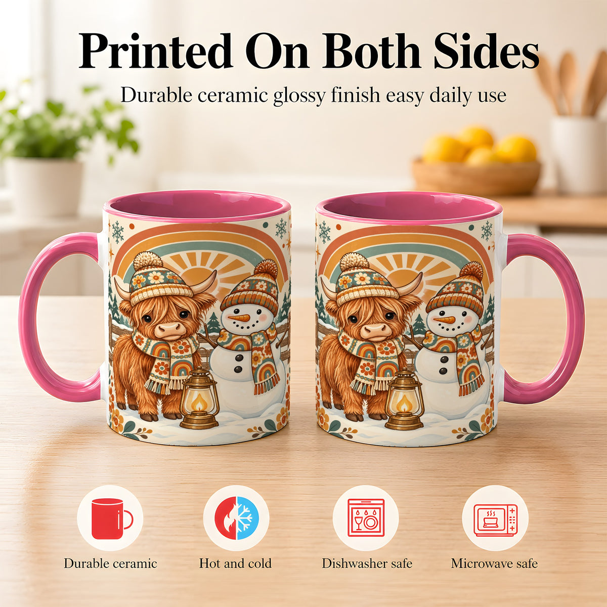 #pl[11oz|Pink] Retro Cow Snowman Coffee Mug, Rainbow Winter Mug, Ceramic Cup