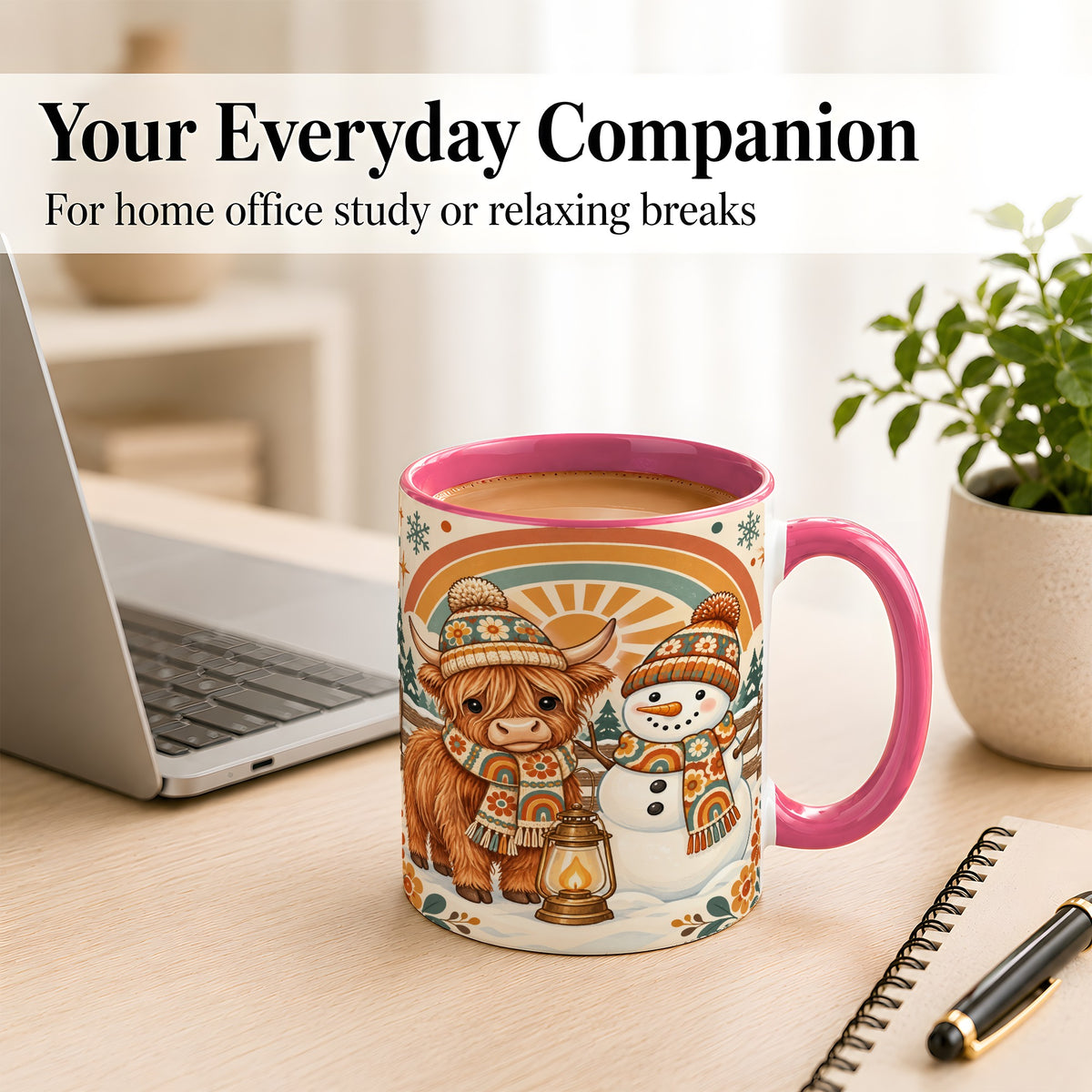 #pl[11oz|Pink] Retro Cow Snowman Coffee Mug, Rainbow Winter Mug, Ceramic Cup