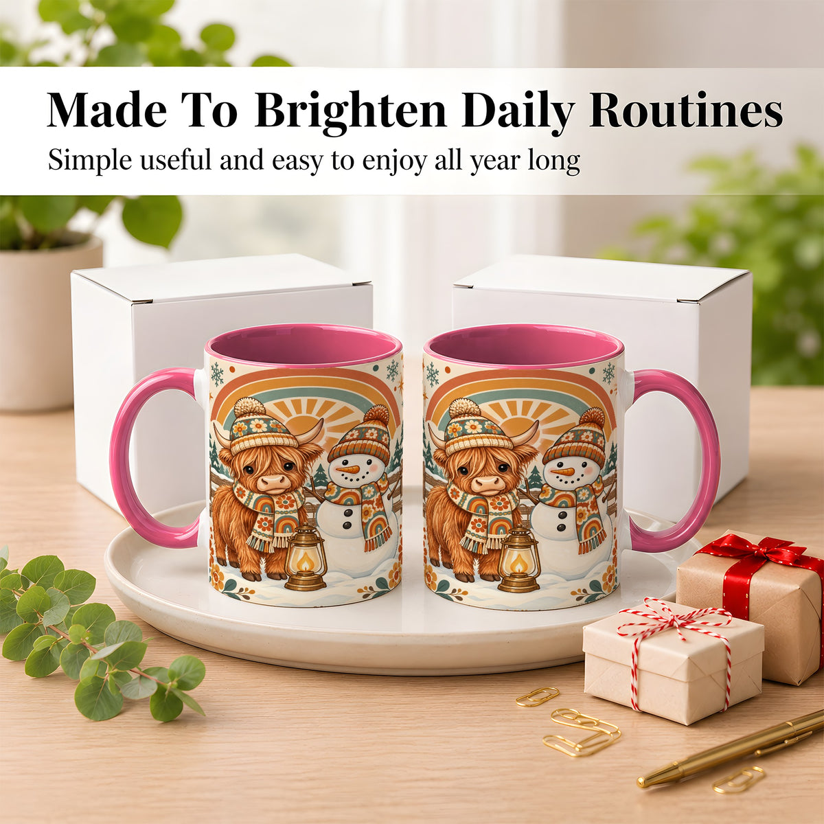 #pl[11oz|Pink] Retro Cow Snowman Coffee Mug, Rainbow Winter Mug, Ceramic Cup