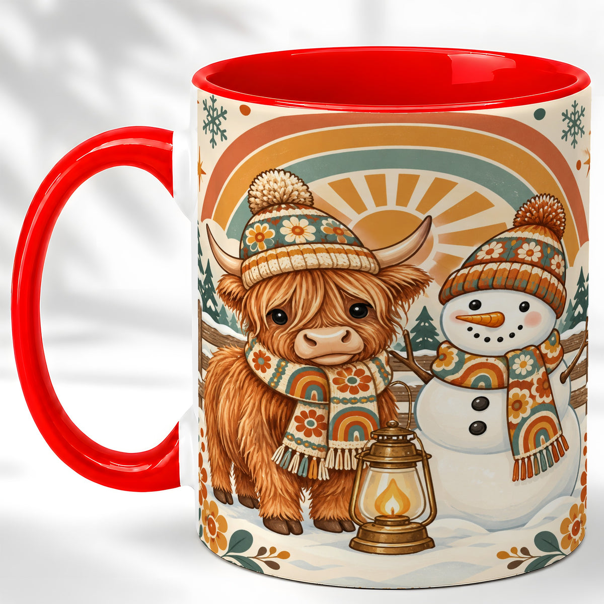 Retro Cow Snowman Coffee Mug, Rainbow Winter Mug, Ceramic Cup