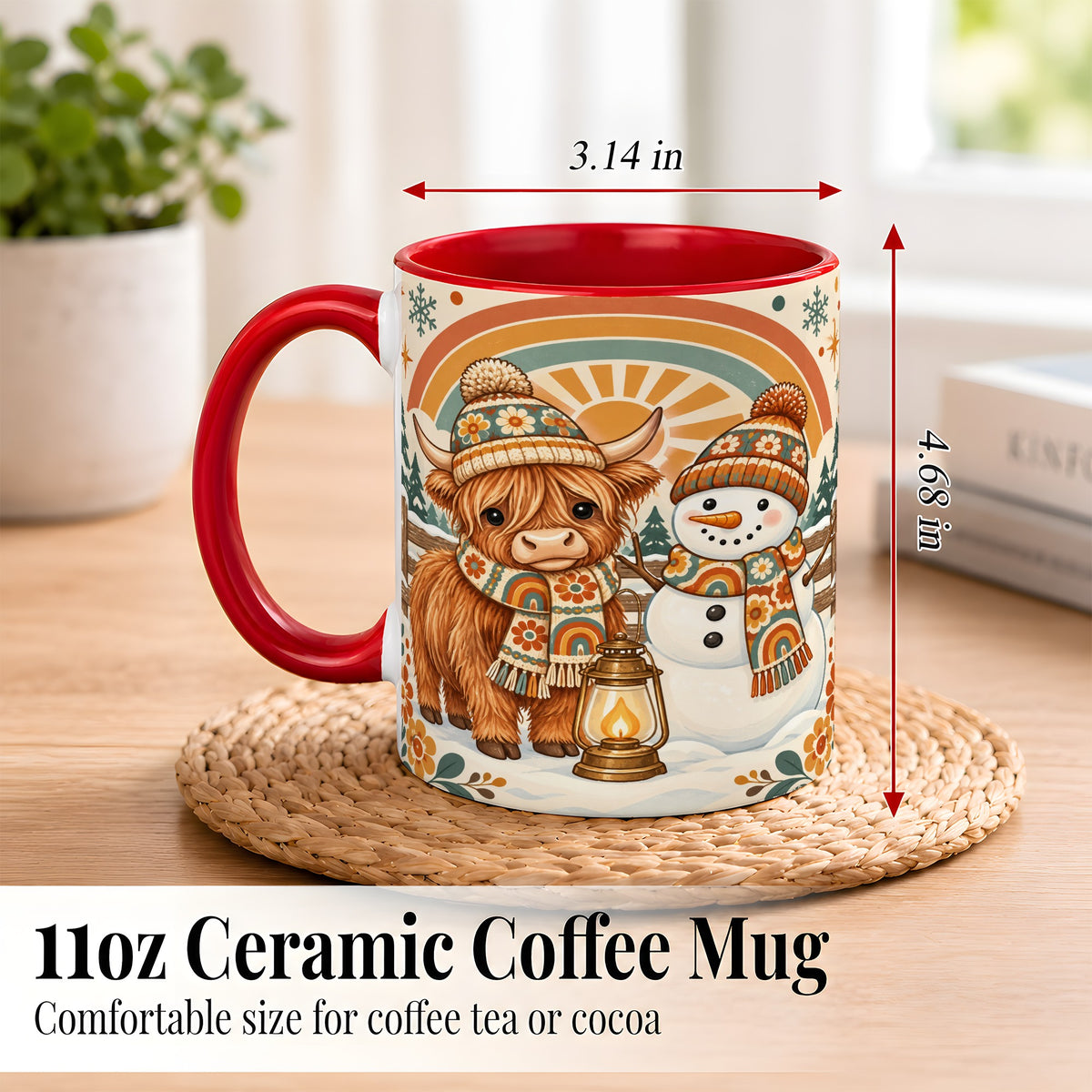 #pl[11oz|Red] Retro Cow Snowman Coffee Mug, Rainbow Winter Mug, Ceramic Cup