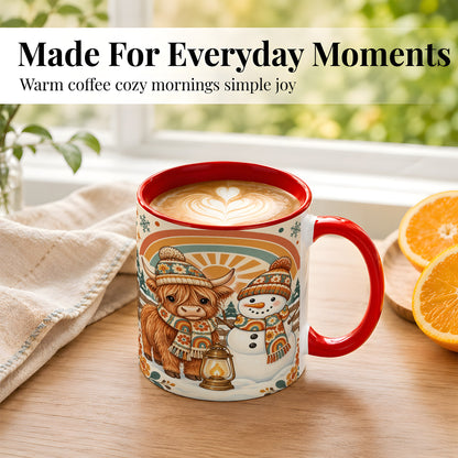 #pl[11oz|Red] Retro Cow Snowman Coffee Mug, Rainbow Winter Mug, Ceramic Cup