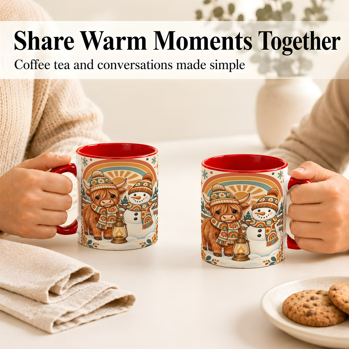 #pl[11oz|Red] Retro Cow Snowman Coffee Mug, Rainbow Winter Mug, Ceramic Cup