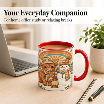 #pl[11oz|Red] Retro Cow Snowman Coffee Mug, Rainbow Winter Mug, Ceramic Cup