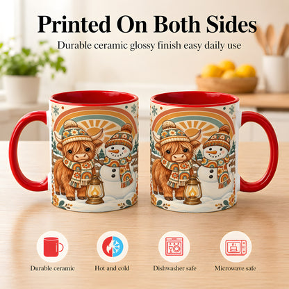 #pl[11oz|Red] Retro Cow Snowman Coffee Mug, Rainbow Winter Mug, Ceramic Cup
