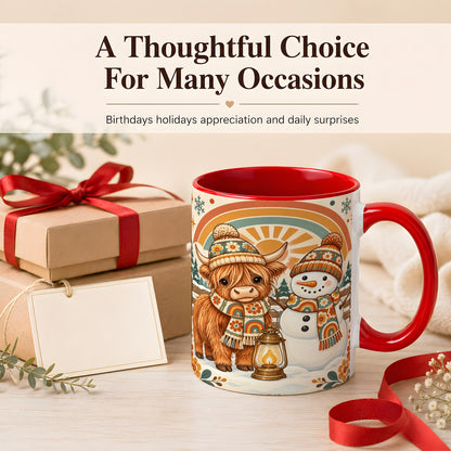 #pl[11oz|Red] Retro Cow Snowman Coffee Mug, Rainbow Winter Mug, Ceramic Cup