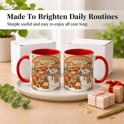 #pl[11oz|Red] Retro Cow Snowman Coffee Mug, Rainbow Winter Mug, Ceramic Cup