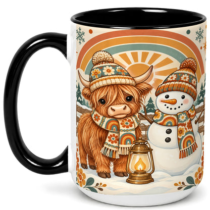 #pl[15oz|Black] Retro Cow Snowman Coffee Mug, Rainbow Winter Mug, Ceramic Cup