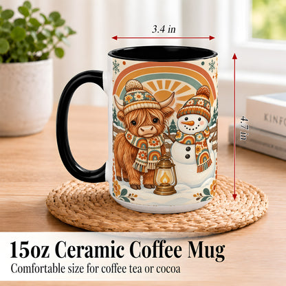 #pl[15oz|Black] Retro Cow Snowman Coffee Mug, Rainbow Winter Mug, Ceramic Cup