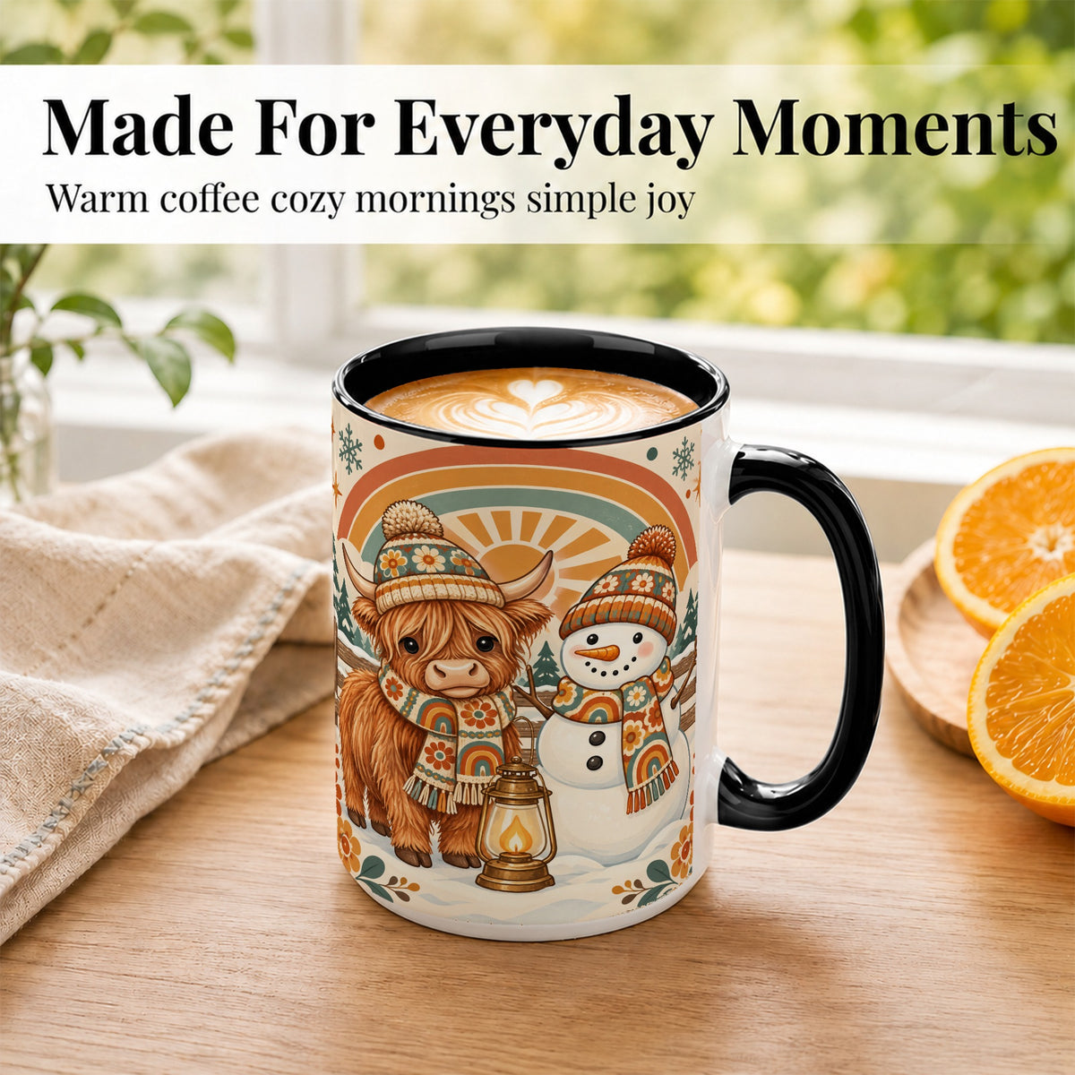 #pl[15oz|Black] Retro Cow Snowman Coffee Mug, Rainbow Winter Mug, Ceramic Cup