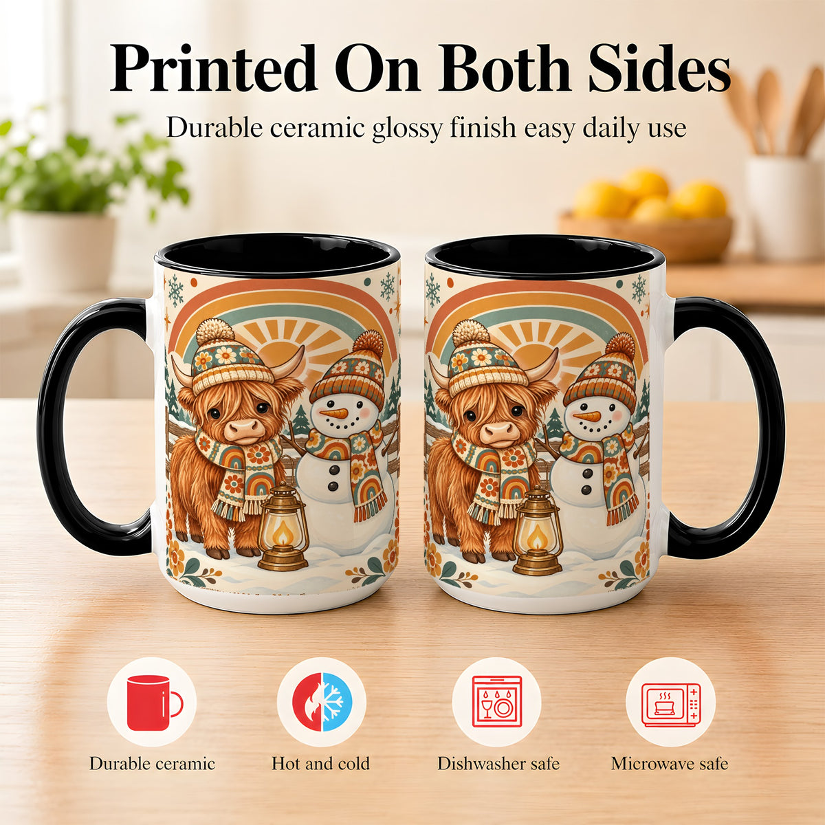 #pl[15oz|Black] Retro Cow Snowman Coffee Mug, Rainbow Winter Mug, Ceramic Cup