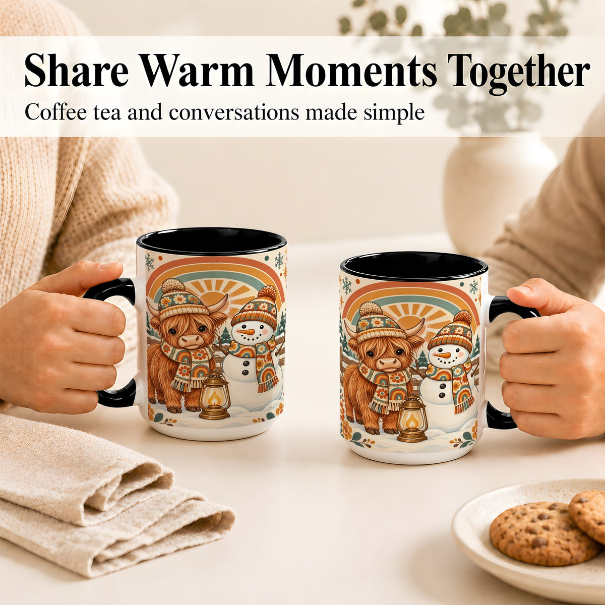 #pl[15oz|Black] Retro Cow Snowman Coffee Mug, Rainbow Winter Mug, Ceramic Cup