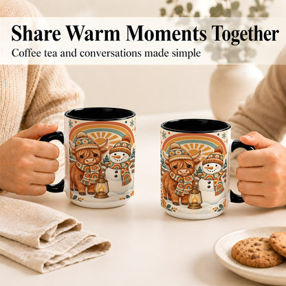 #pl[15oz|Black] Retro Cow Snowman Coffee Mug, Rainbow Winter Mug, Ceramic Cup