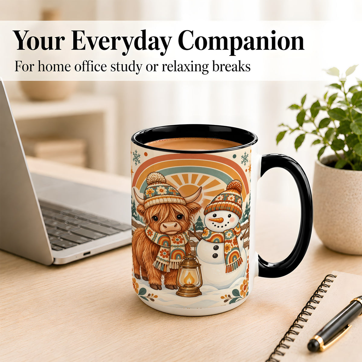 #pl[15oz|Black] Retro Cow Snowman Coffee Mug, Rainbow Winter Mug, Ceramic Cup